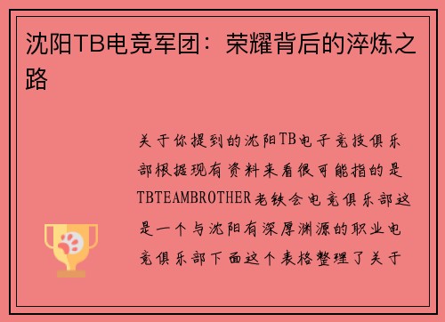 沈阳TB电竞军团：荣耀背后的淬炼之路