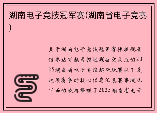 湖南电子竞技冠军赛(湖南省电子竞赛)